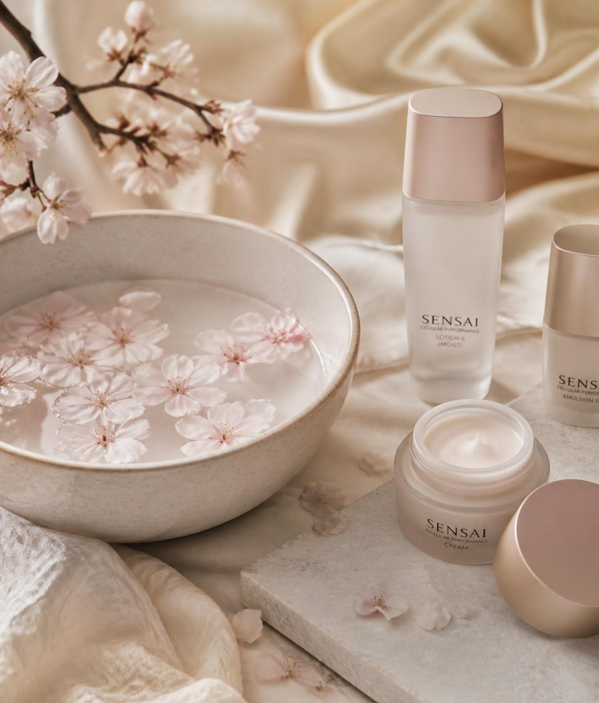 Japanese skincare ritual with sakura petals